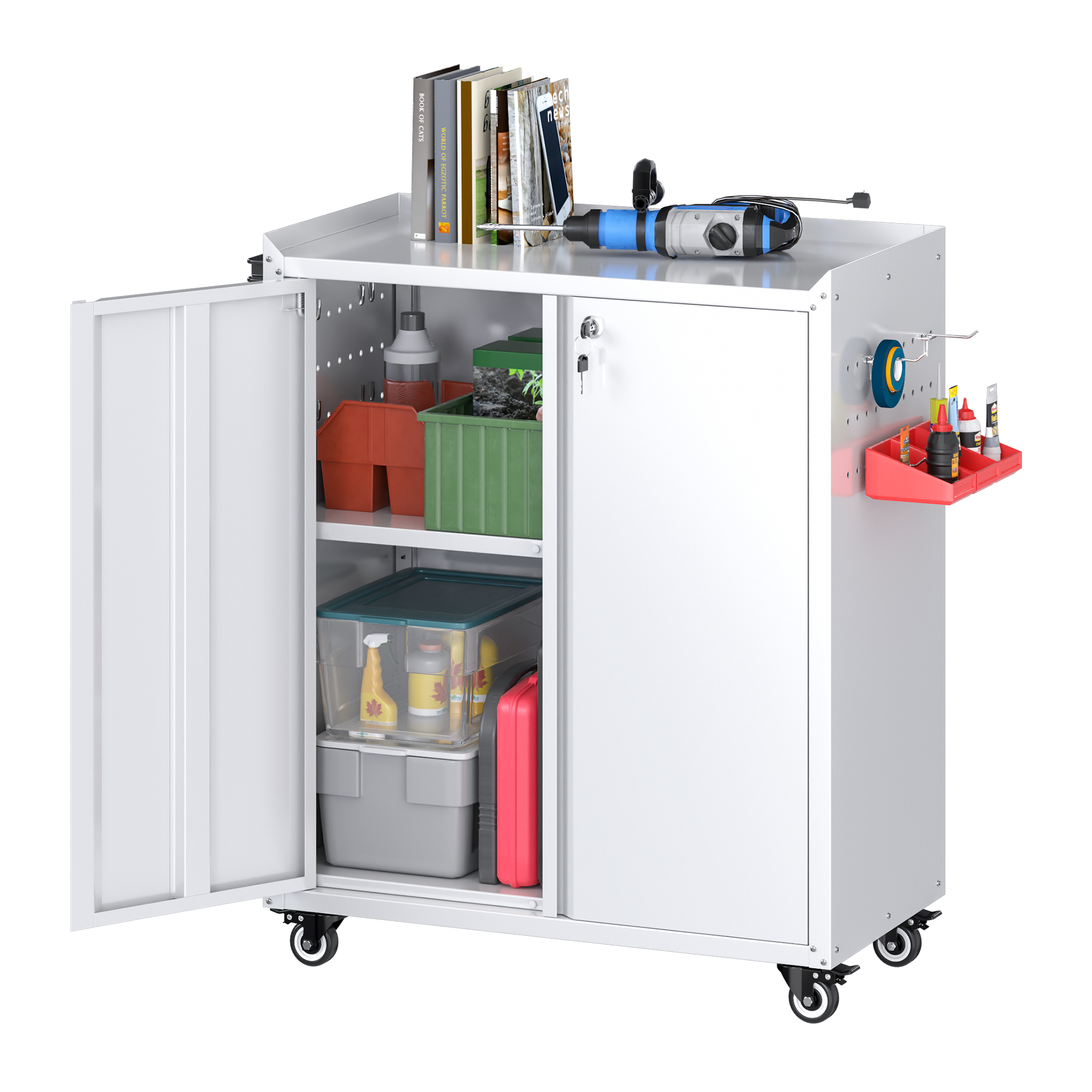 Aobabo Werkzeugschrank Mit Rollen, Mobiler Werkzeugschrank, 80x66x35 Cm, Weiß