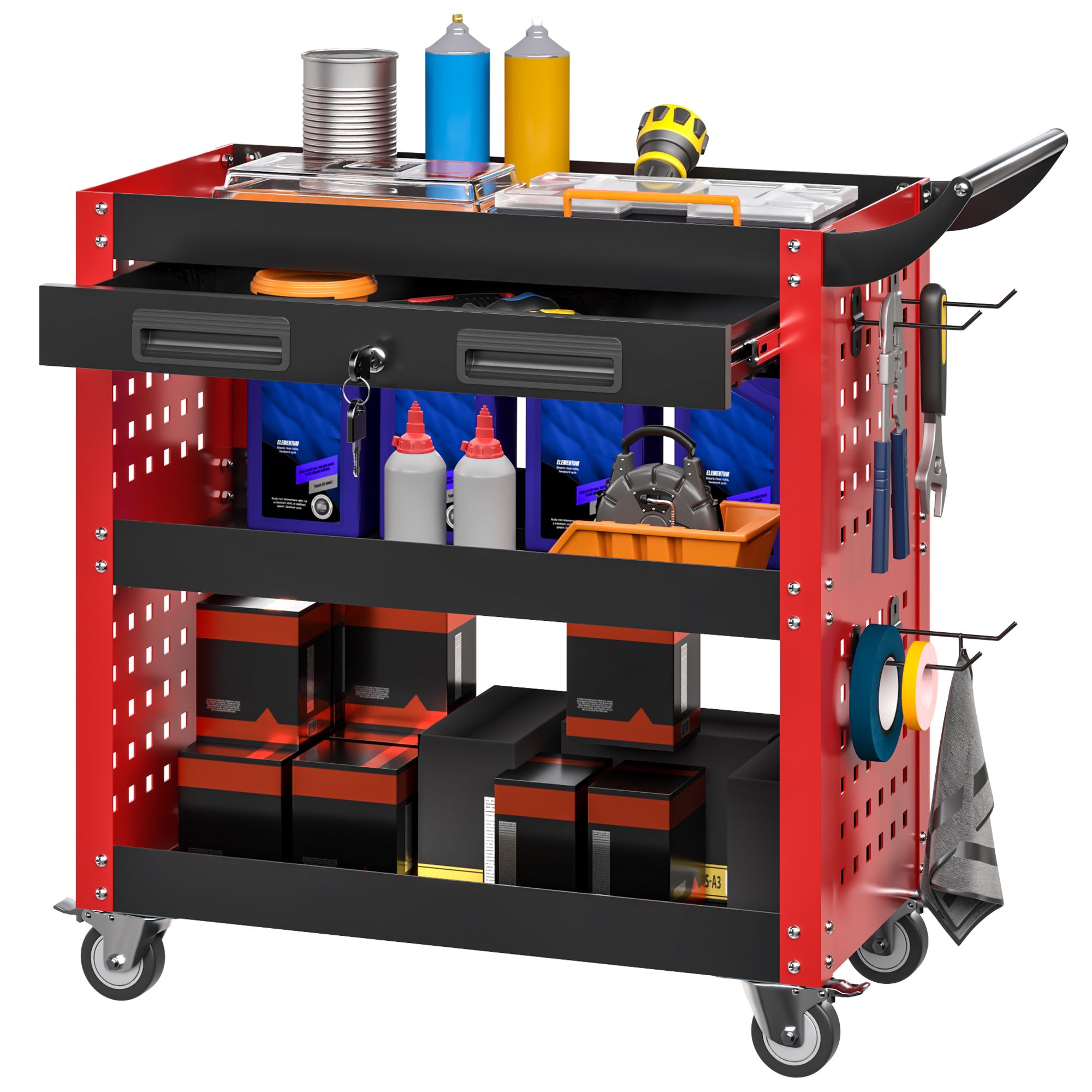 Aobabo Metall-werkzeugwagen, 75×70×35 Cm, Mit Schublade Und Vier Haken, Schwarz/rot