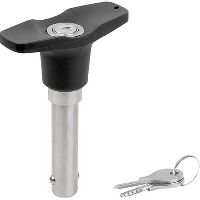 KUGELSPERRBOLZEN ABSCHLIEßBAR MIT T-GRIFF, D1=12, L=40, EDELSTAHL 1.4305, KOMP:THERMOPLAST SCHWARZGRAU RAL7021