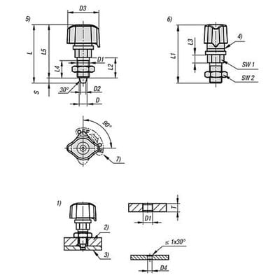 ARRETIERBOLZEN M. KONISCHEM ARRETIERSTIFT, MIT RASTNUT MIT KONTERMUTTER D1=M12X1,5, D=7, FORM:B