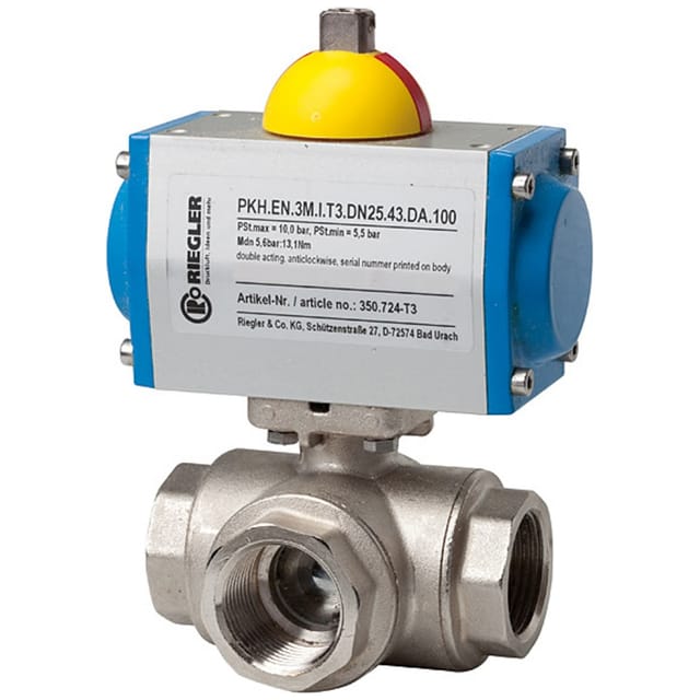 Messingkugelhahn, pneumatischer Stellantrieb, T-Bohrung, Rp 1/2
