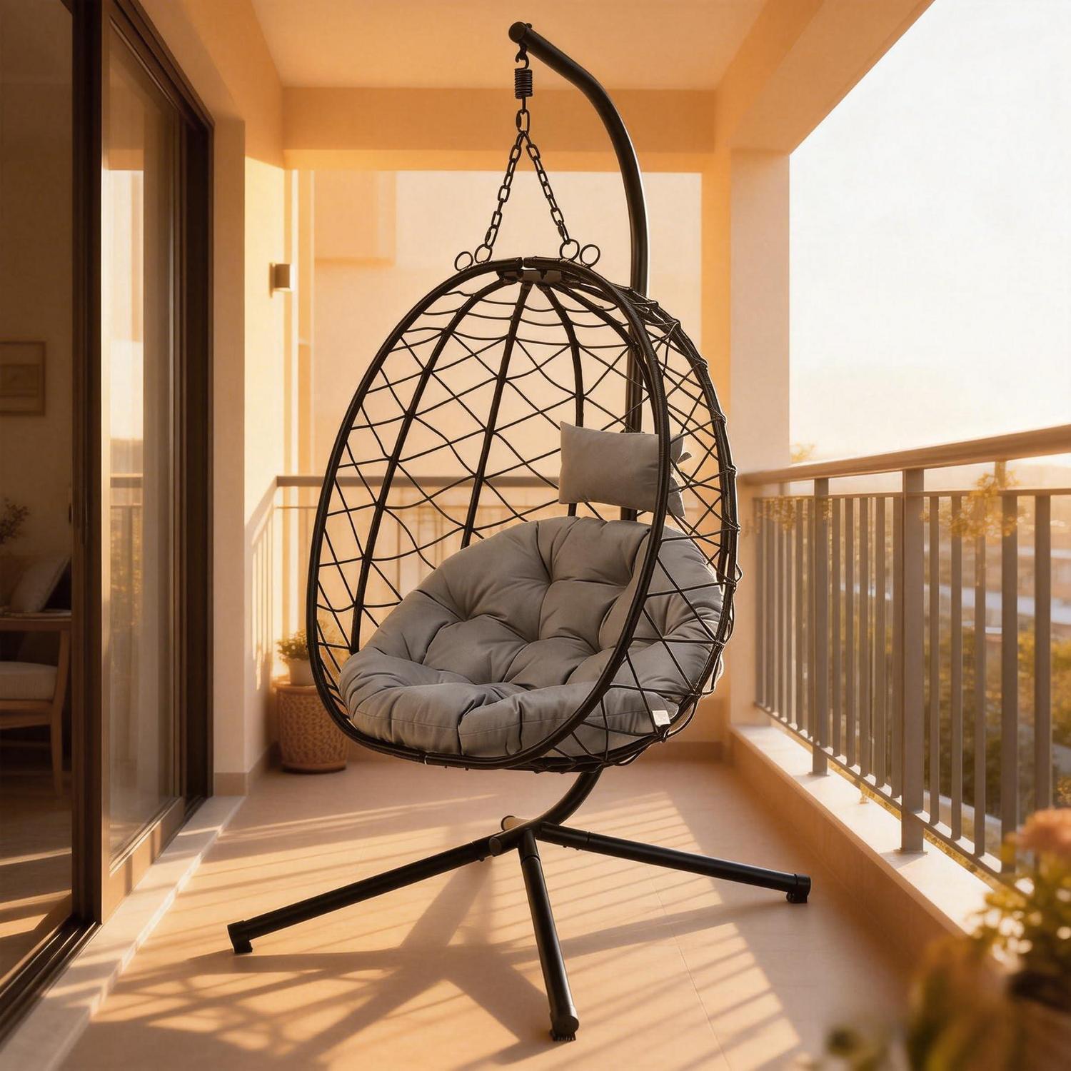 Hängesessel Mit Gestell, Wetterfestes Polyrattan, Belastbar Bis 120 Kg, Inkl. Kissen