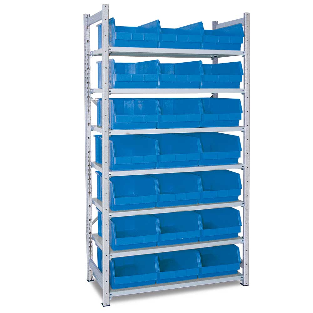 Brb Steckregal, Verzinkt, Mit 7 Böden, Tiefe 515 Mm, Bestückt Mit 21 Sichtboxen Lb 2/21 Liter, Blau