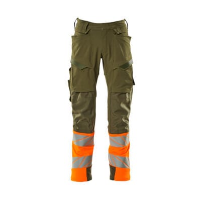 Hose mit Knietaschen ACCELERATE SAFE, Moosgrün/hi-vis Orange, Größe 90C51