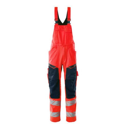 Latzhose mit Knietaschen ACCELERATE SAFE, hi-vis Rot/Schwarzblau, Größe 82C68