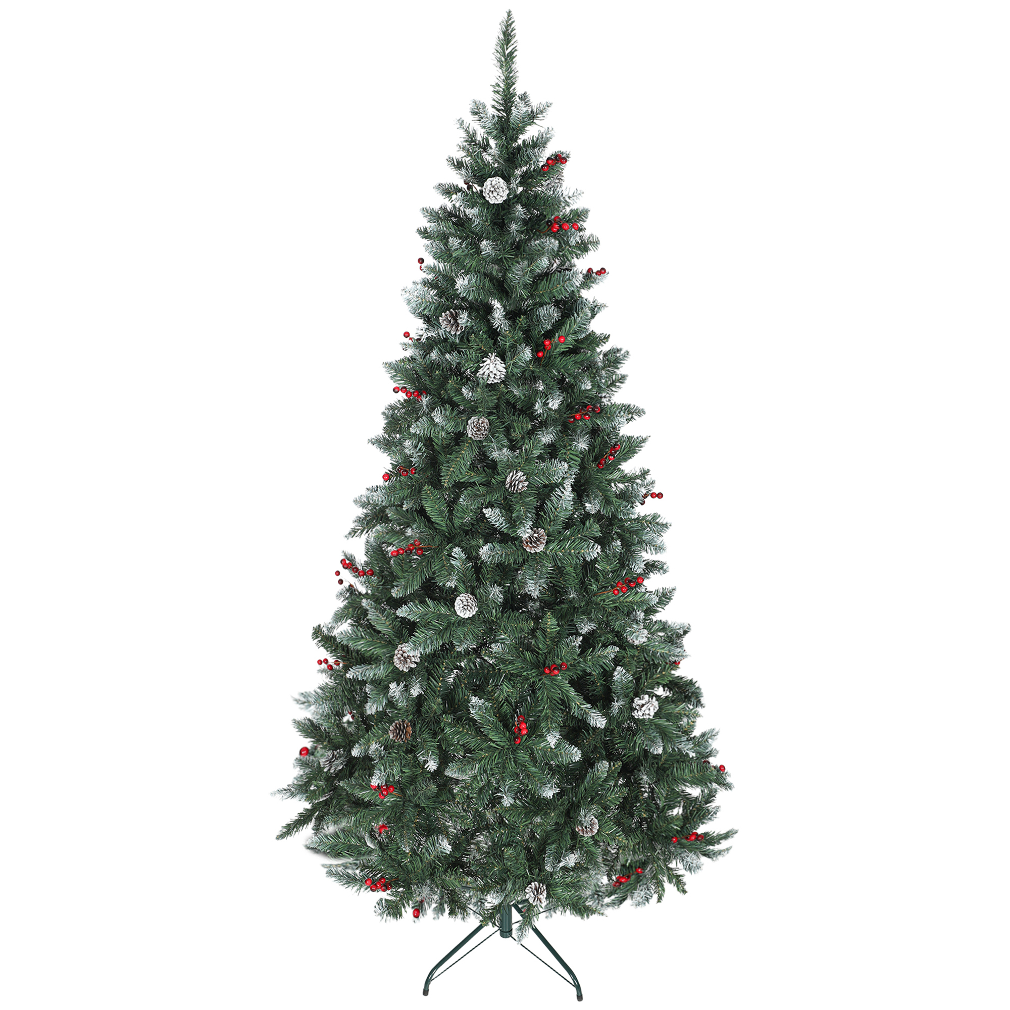 Weihnachtsbaum Für Den Innenbereich, 210 Cm Hoch, Mit 928 Zweigen, Tannenzapfen Und Roten Beeren, Metallfuß, Grün