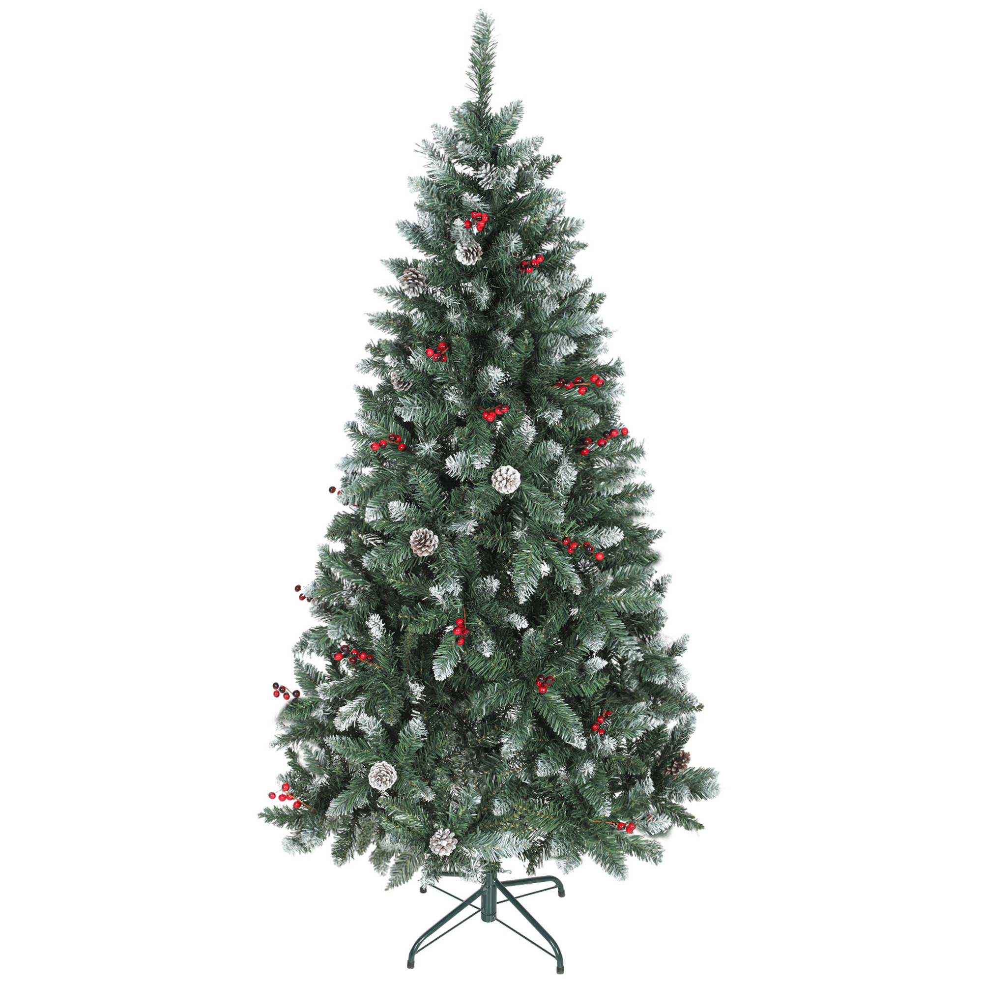 180 Cm Hoher Weihnachtsbaum Für Den Innenbereich Mit 620 Zweigen, Tannenzapfen Und Roten Beeren, Metallfuß, Grün
