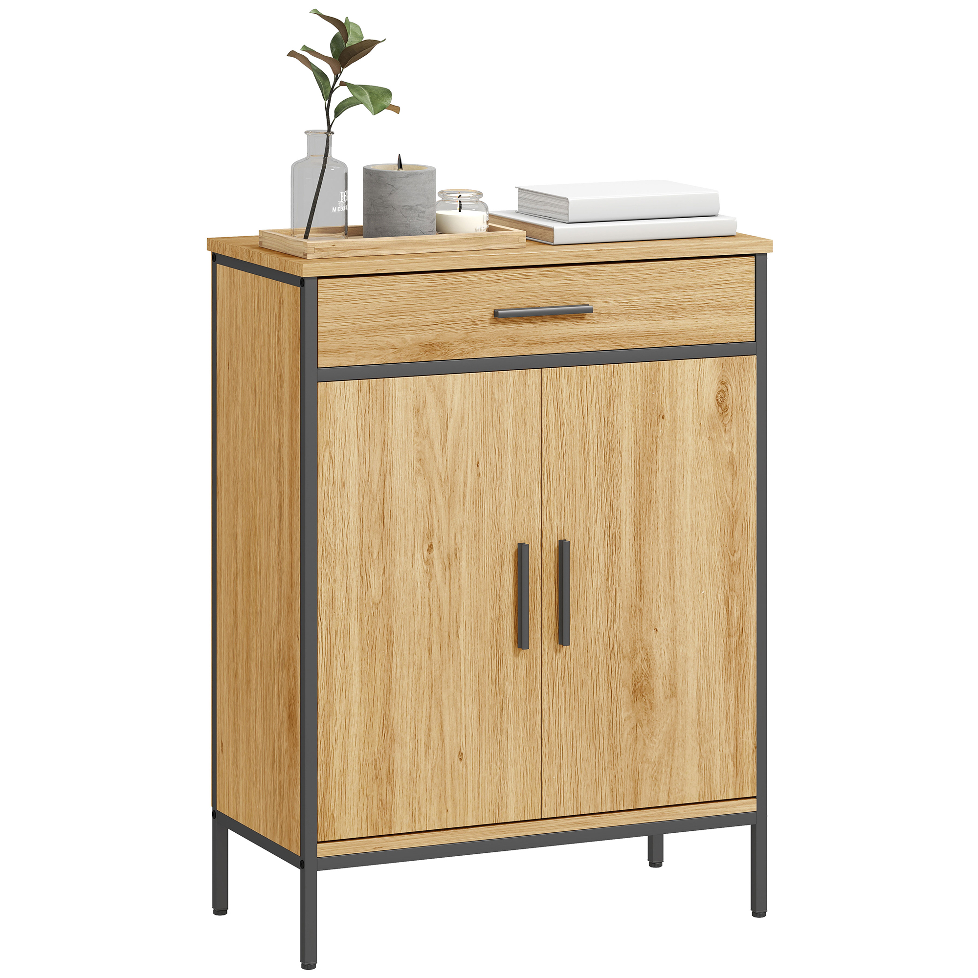 Badezimmerschrank, Zweistöckige Regalböden, Große Schublade, Industriestil, Eichenoptik