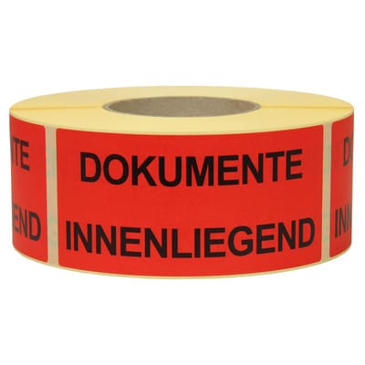 Warn- und Hinweisetiketten 145x70mm, aus Papier rot, mit Aufdruck DOKUMENTE innenliegend