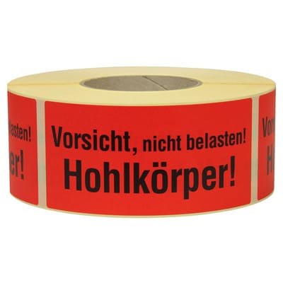 Warn- und Hinweisetiketten 145x70mm, aus Papier rot, mit Aufdruck "Vorsicht nicht belastbarer Hohlkörper!