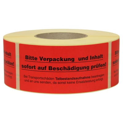 Warn- und Hinweisetiketten 145x70mm, aus Papier rot, mit Aufdruck "Verpackung u. Inhalt auf Beschäd. prüfen