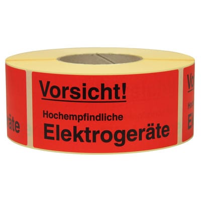 Warn- und Hinweisetiketten 145x70mm, aus Papier rot, mit Aufdruck "Vorsicht! Hochempfindliche Elektroge.