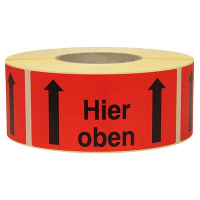 Warn- und Hinweisetiketten 145x70mm, aus Papier rot, mit Aufdruck Hier oben