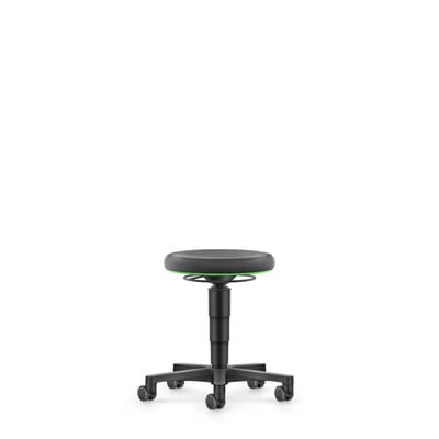 Allround Hocker, Supertec-Polster mit 400 mm Durchmesser, grüner Farbring, Kunststoff-Fußkreuz mit Rollen, Sitzhöhe von 450-650 mm
