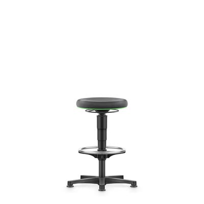 Allround Hocker, Supertec-Polster mit 400 mm Durchmesser, grüner Farbring, Kunststoff-Fußkreuz mit Gleiter, Fussring, Sitzhöhe von 560-810 mm