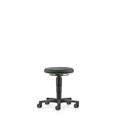 Allround Hocker, Integralschaum-Polster mit 400 mm Durchmesser, grüner Farbring, Kunststoff-Fußkreuz mit Rollen, Sitzhöhe von 450-650 mm