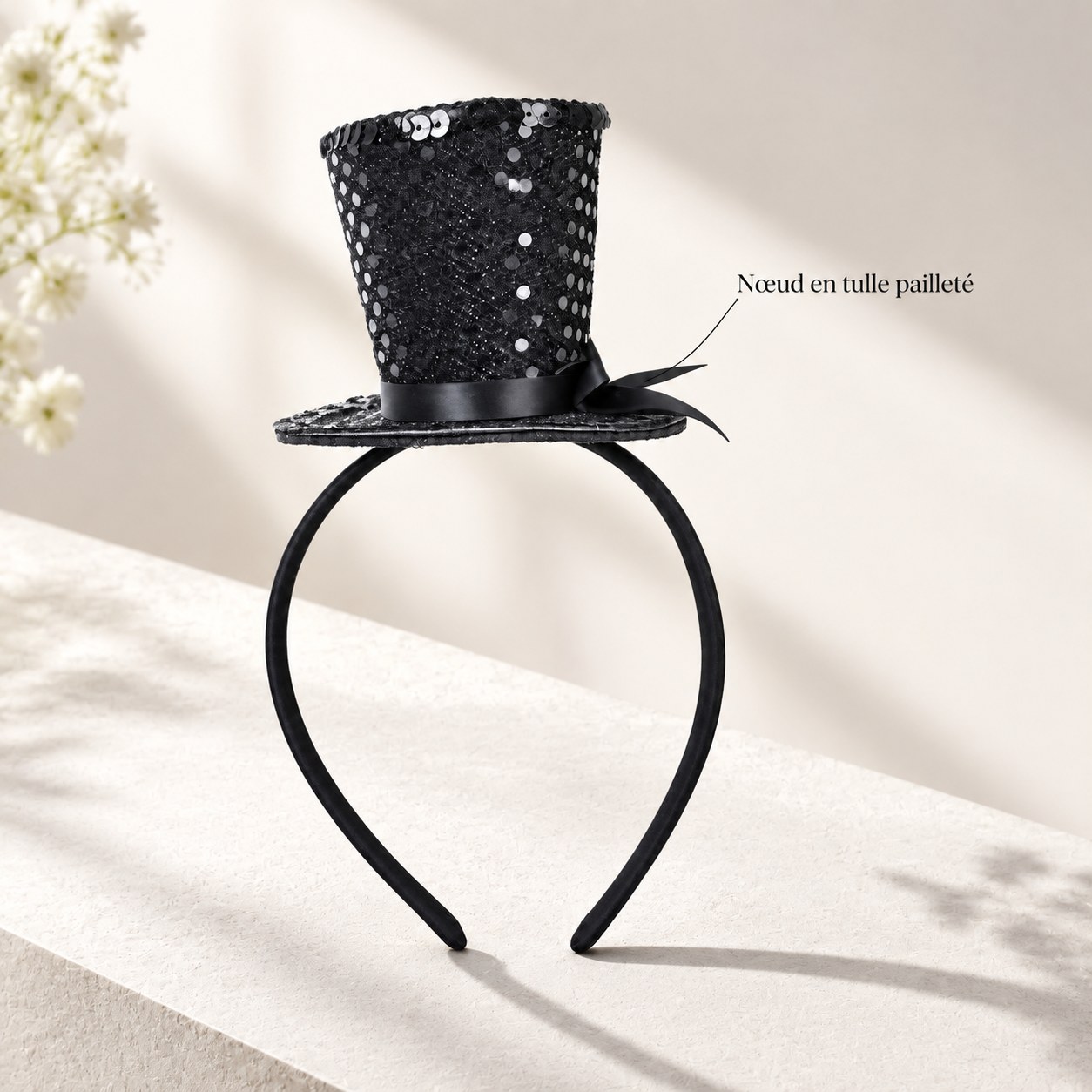 Bandeau Chapeau Haut-de-forme Miniature , Serre-tête Noir Pailleté Pour Fête, Carnaval Et Soirée Halloween