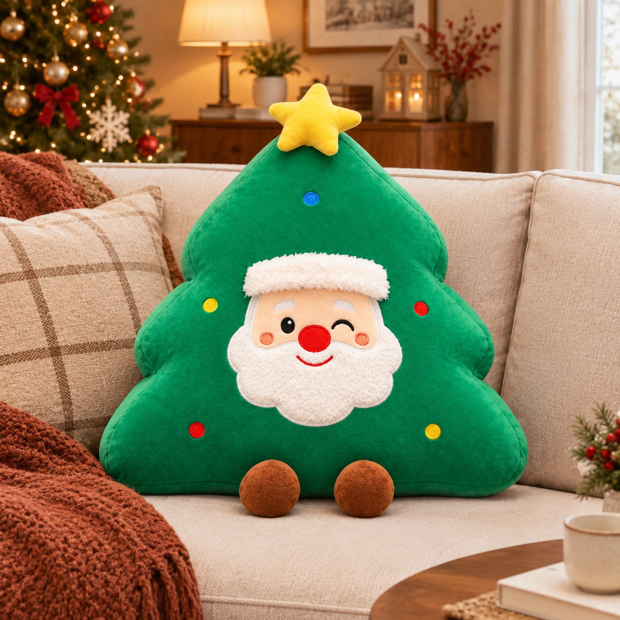 Coussin Décoratif De Noël En Forme De Sapin 50 Cm, Peluche Père Noël, Décoration De Noël Pour Salon Canapé