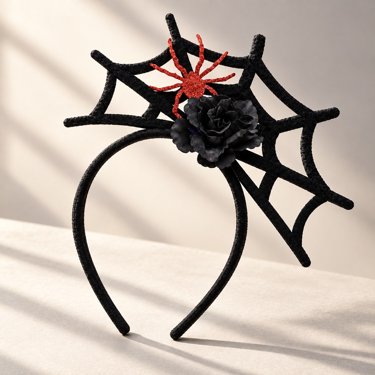 Bandeau De Décoration Halloween , Motif Toile D'Araignée Avec Araignée Rouge Et Fleur Noire, Accessoire De Costume De Fête