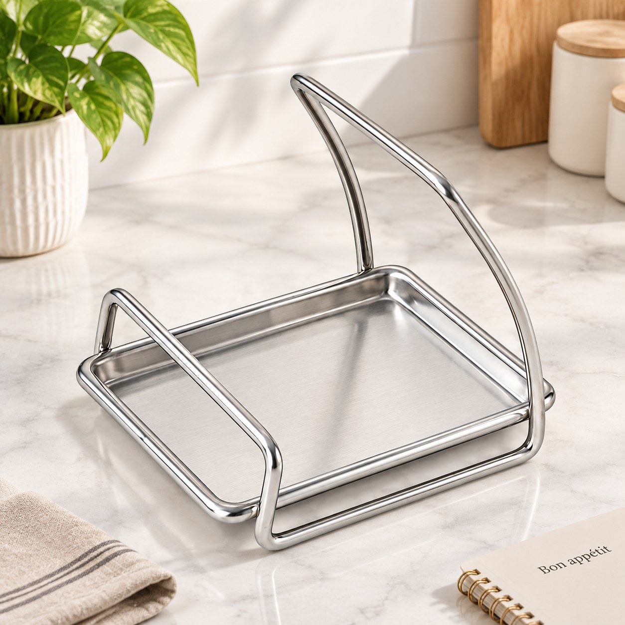 Support De Couvercle De Casserole En Acier Inoxydable, Porte-spatule Et Cuillère Avec Bac Récupérateur D’eau Amovible, Rangement Pour Plan De Travail De Cuisine