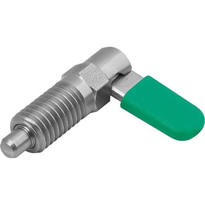 SPERRRIEGEL MIT ANSCHLAG, LINKS, D=8, M16, FORM:C M. GEWINDEHÜLSE, M. KAPPE, EDELSTAHL BLANK, KOMP:POLYPROPYLEN GRÜN