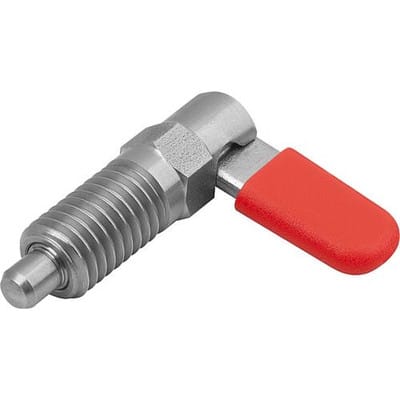 SPERRRIEGEL MIT ANSCHLAG, LINKS, D=5, M12, FORM:C M. GEWINDEHÜLSE, M. KAPPE, EDELSTAHL BLANK, KOMP:POLYPROPYLEN ROT