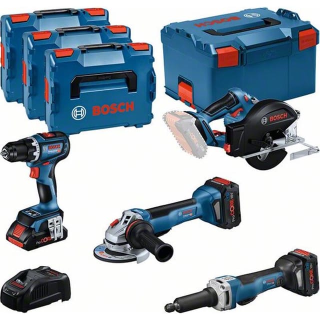 Combo Kit Set mit 4 18V-Werkzeugen: GSR, GWS, GKM, GGS, 3 x Akku
