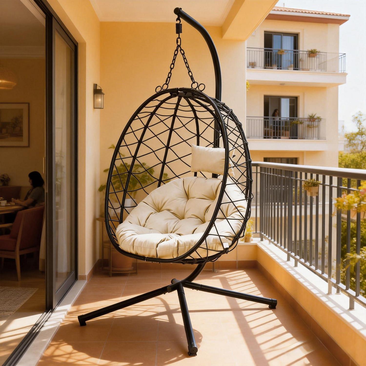 Hängesessel Mit Gestell, Wetterfestes Polyrattan, Belastbar Bis 120 Kg, Inkl. Kissen, Beige