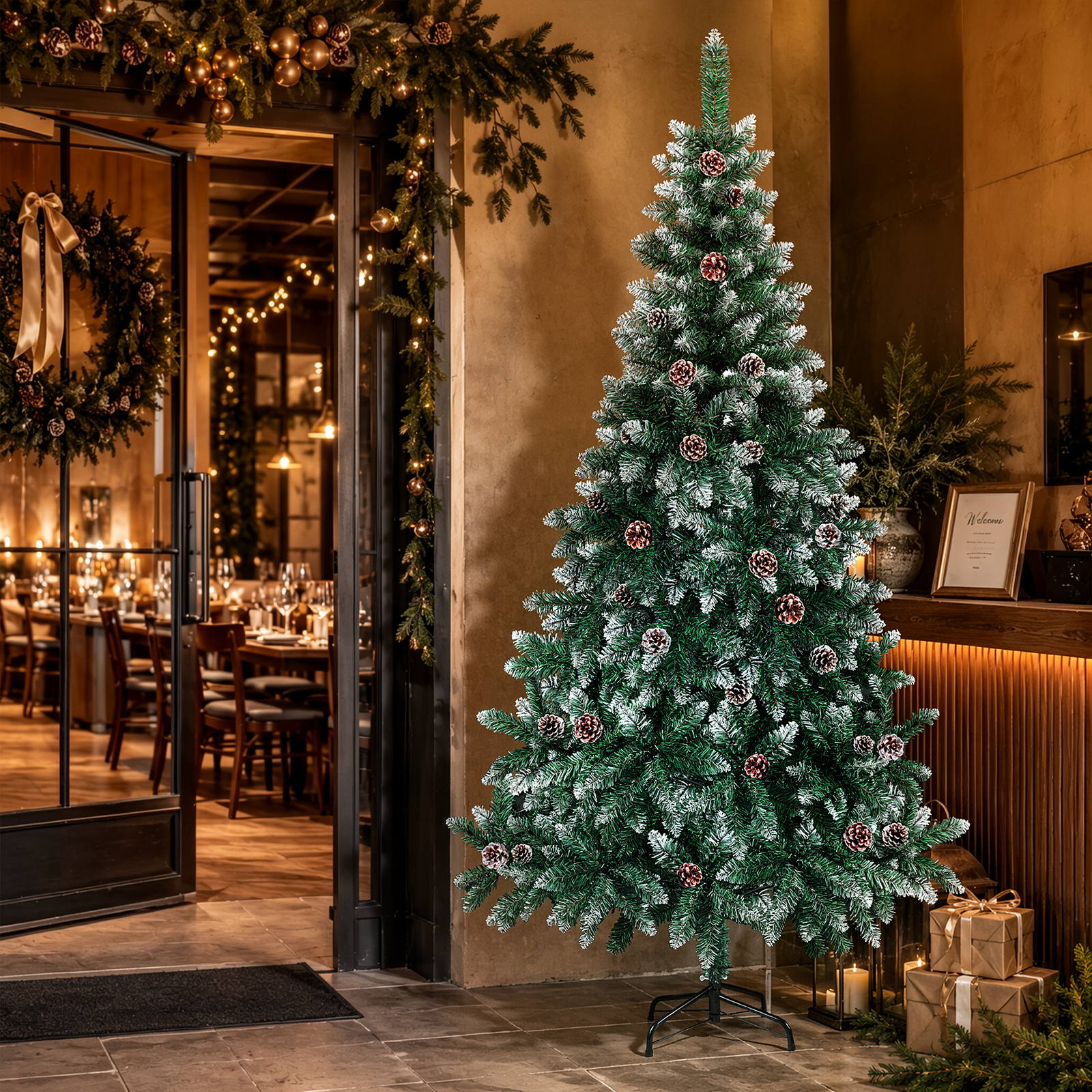 Jiubiaz Künstlicher Weihnachtsbaum 210 Cm Grün Mit 35 Tannenzapfen Und Schnee-effekt, 750 Zweigspitzen, Pvc, Metallständer