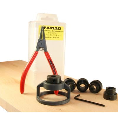 FAMAG 7-teiliges Tiefenanschlag-Set für Bormax 1622, 1623, 1630 & 1663 mit Ø 10-48mm inkl. Sicherungsringzange im Holzkasten
