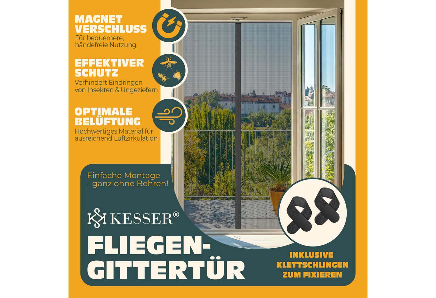 Kesser® Magnet-fliegengitter Für Türen, Ohne Bohren - Anthrazit, 80 X 200 Cm