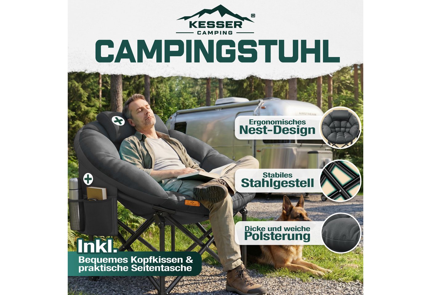 Kesser® Campingstuhl Chillexer Faltbar, Bis 150 Kg, Mit Kissen - Anthrazit Bild 4