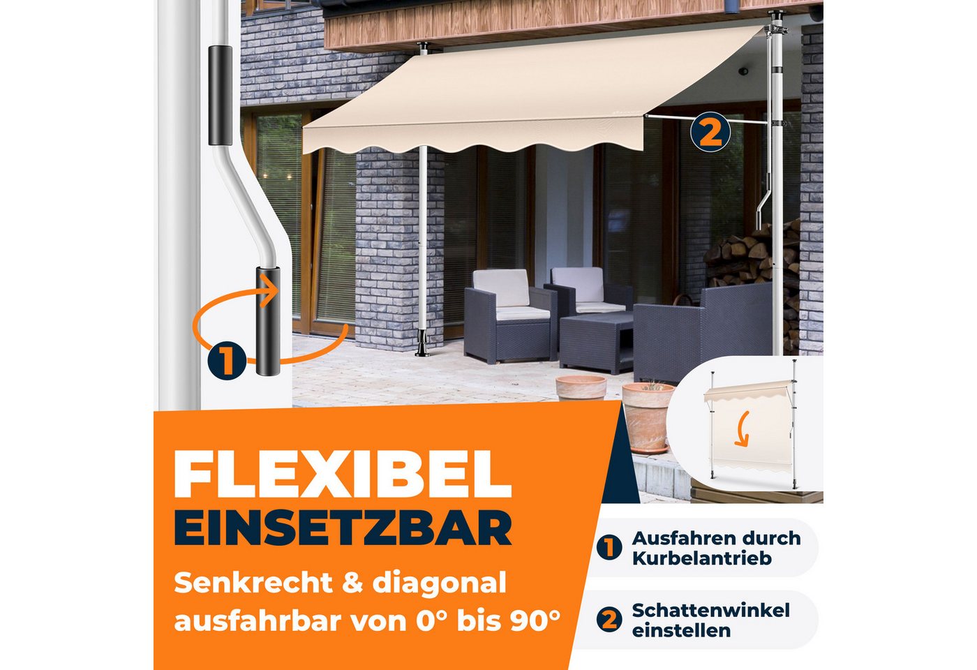 Kesser® Klemmmarkise Balkon Mit Handkurbel, Ohne Bohren - Beige Bild 2