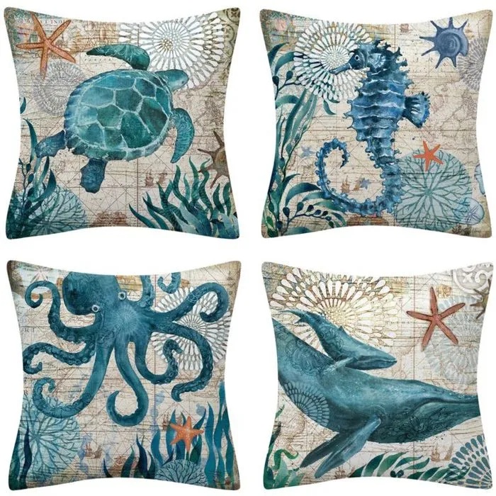 Set Mit 4 Wasserdichten Kissenbezügen, Blaues Meeresmotiv, Für Den Innen- Und Außenbereich