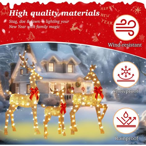 – Weihnachtsdekoration Für Draußen – Leuchtende Rentierfamilie – Wetterfeste Led-lichterkette – 3-teiliges Set
