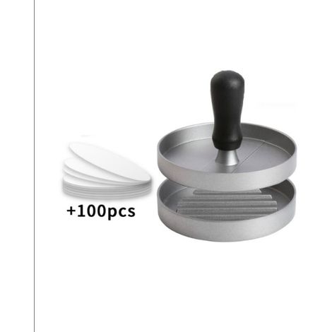 1 Burgerpresse, Hackfleischform, Aluminium, Antihaftbeschichtung + 100 Blatt Backpapier, Küchenutensil Für Die Zubereitung Leckerer Hamburger, Patties Und Grillgerichte, Silber