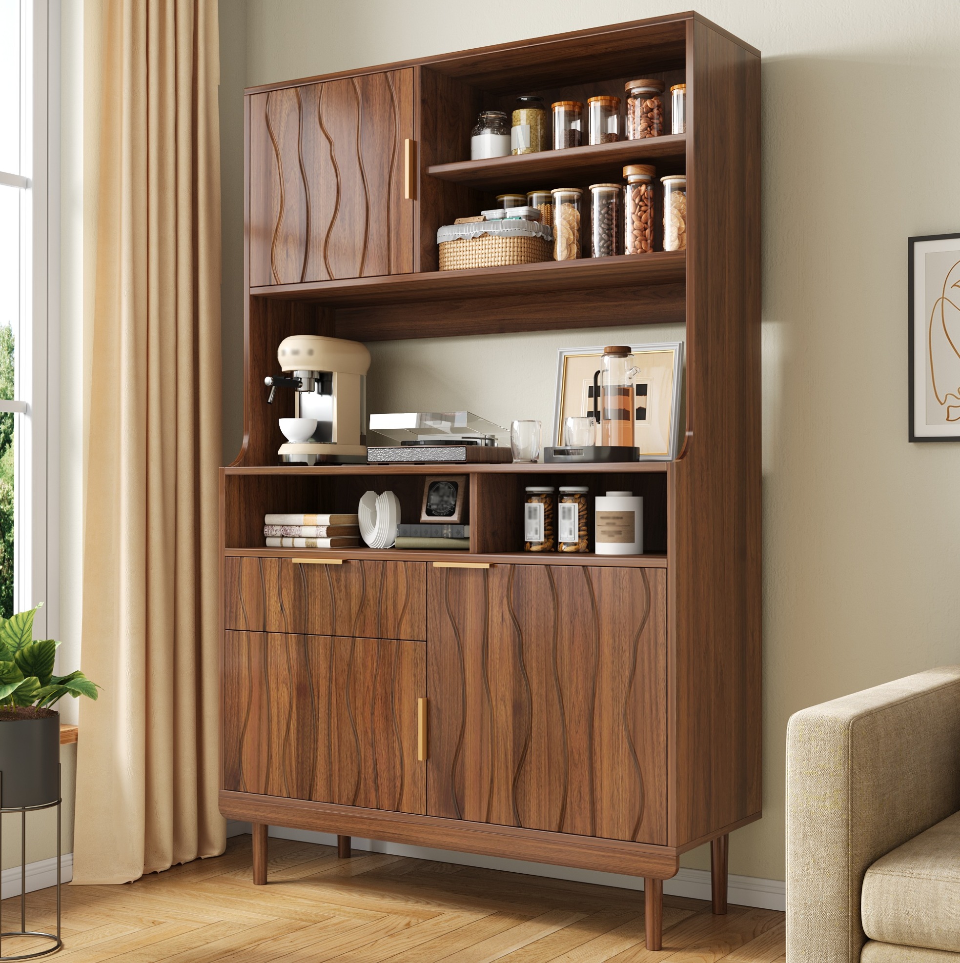 Hochschrank (100 X 32 X 170 Cm), Mit Offenen Regalen, Schublade Und Türen, Mdf Und Spanplatte, Nussbaum