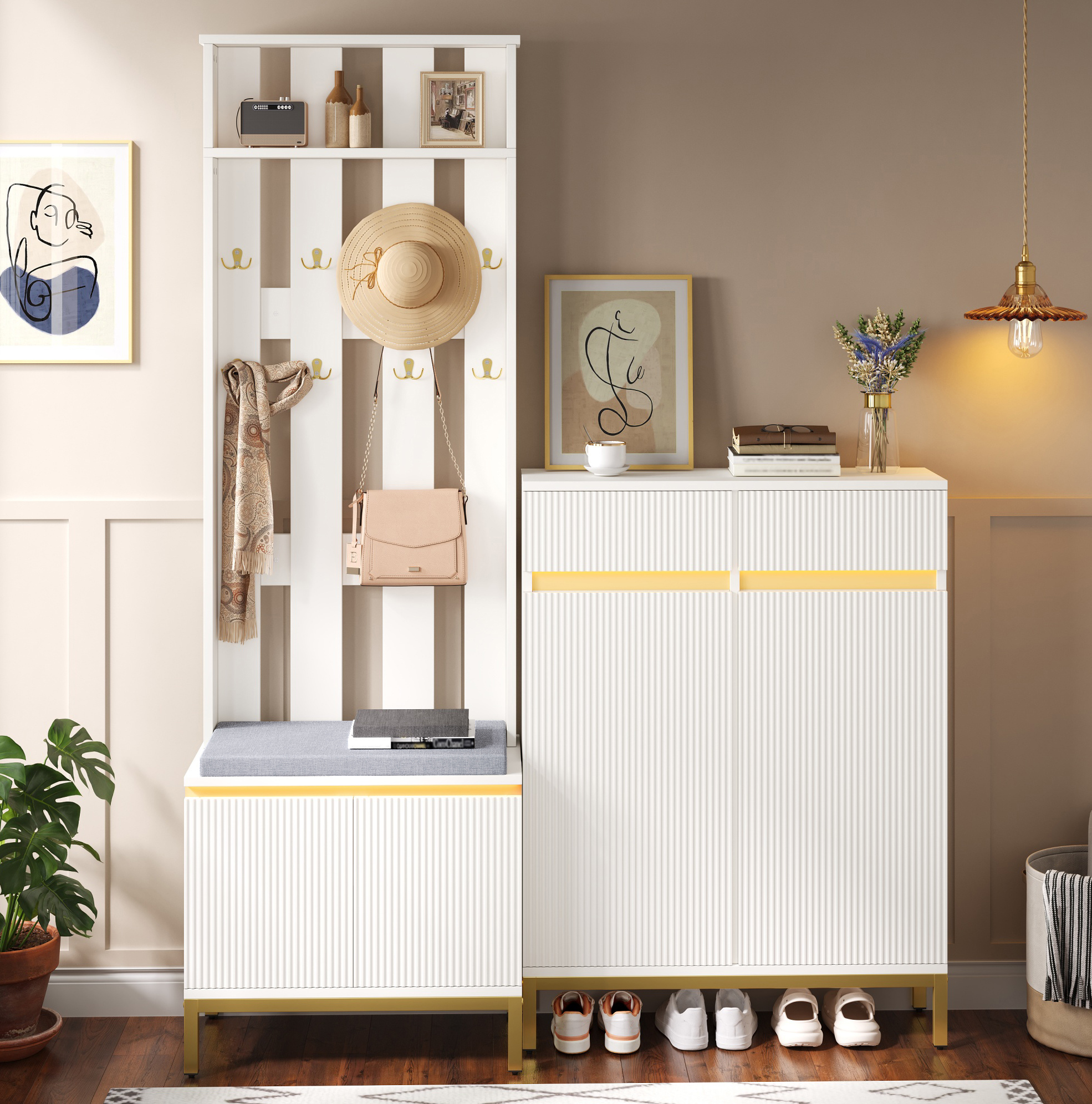 Garderobenschrank (80x35x103 Cm), Mit Schuhschrank, Sitzbank Und Haken, Mdf Und Spanplatte, Weiß