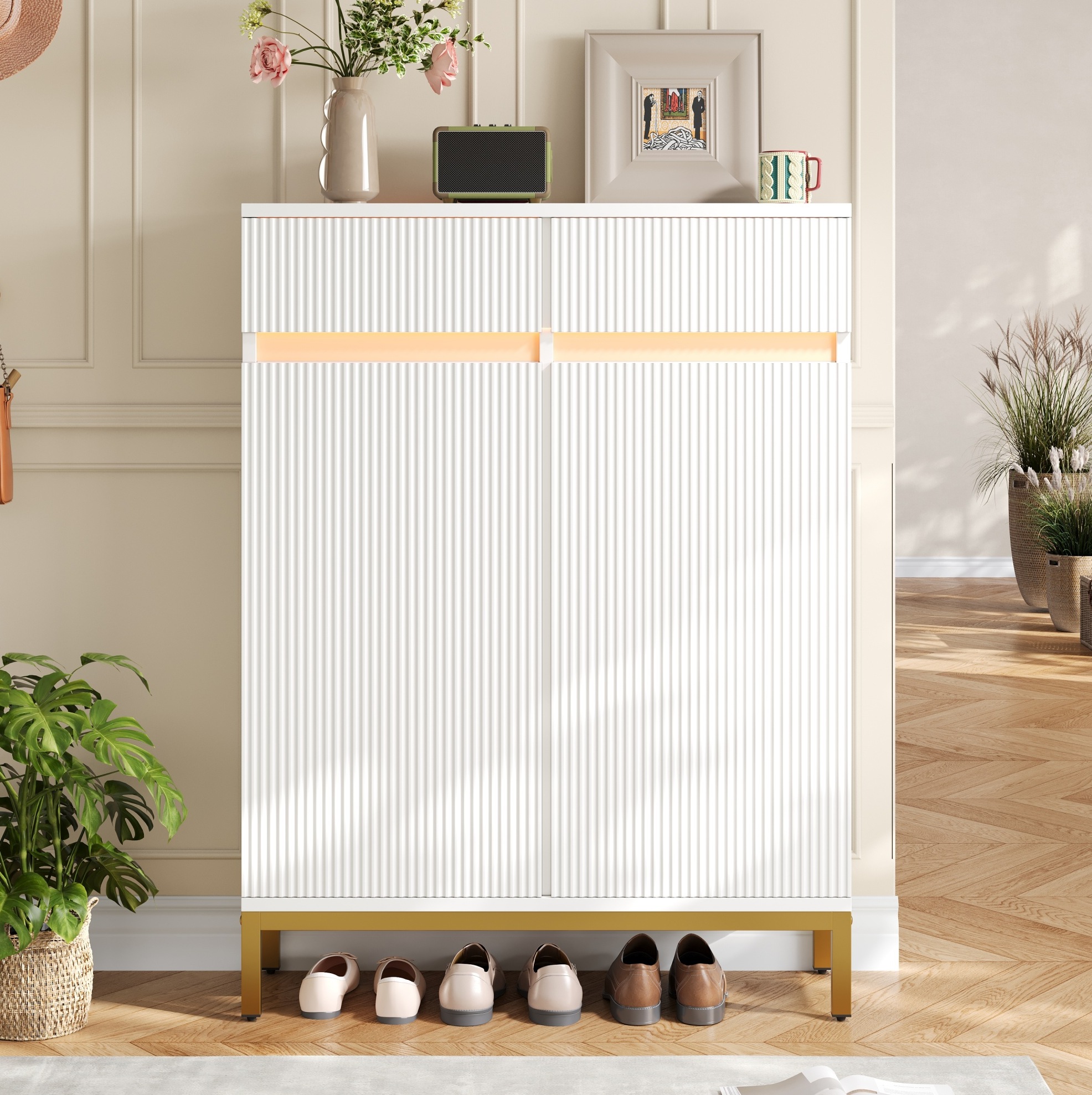 Schuhschrank (80x35x103 Cm), Mit 2 Schubladen Und 2 Türen, Led-lichtleiste, Mdf Und Spanplatte, Weiß