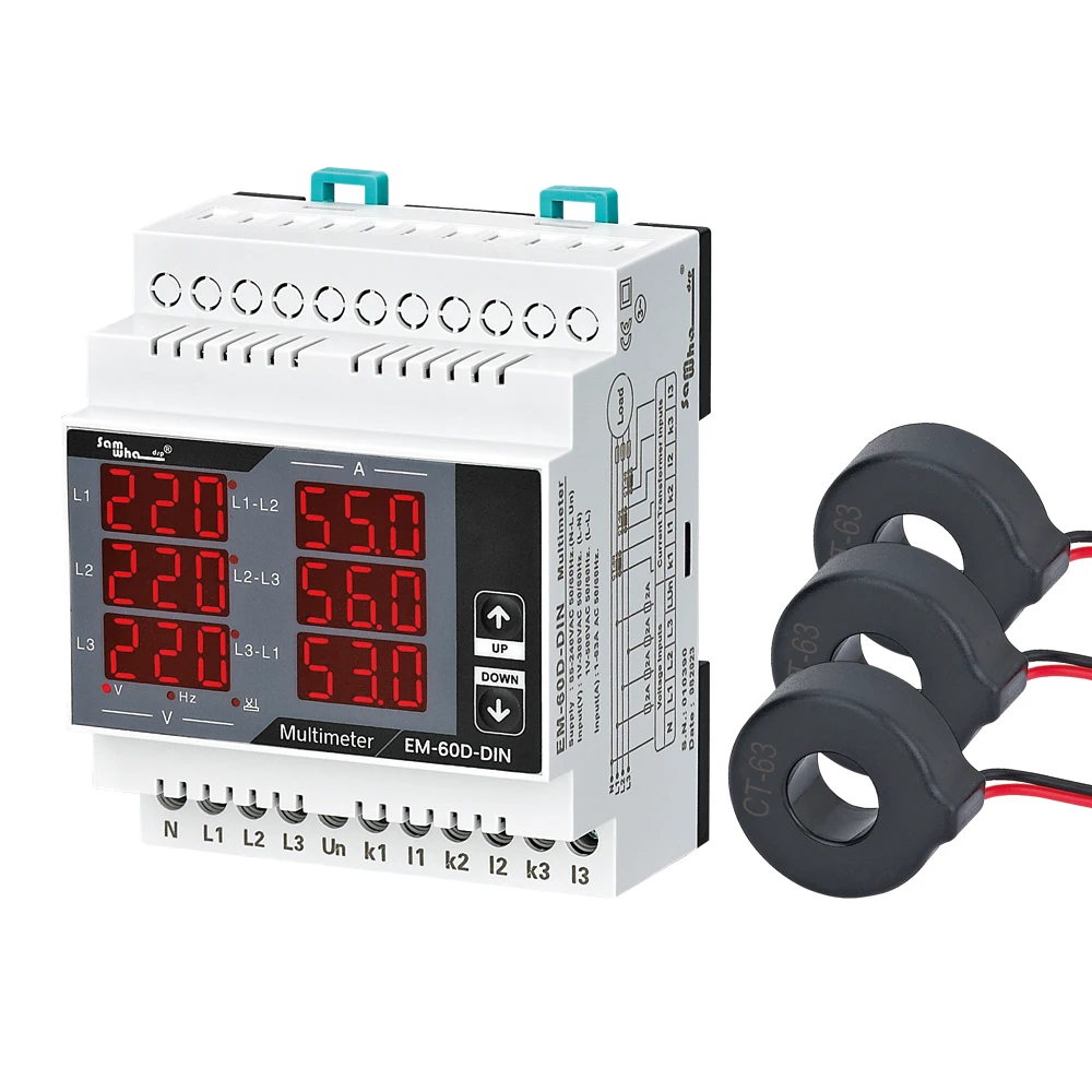 Digitales Multimeter Em-xxd-din, Inklusive 3 Stromwandlern, Anzeige Von Dreiphasiger Spannung (ll), (ln), Strom, Frequenz Und Phasenfolge 250d (10-250a).