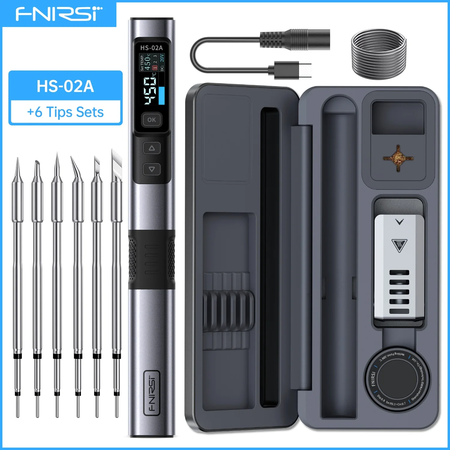 Fnirsi Hs-02 Lötkolben Mit Einstellbarer Temperatur, 20 V Dc, 100–450 °c, Pd, Reparaturtisch, 100 W, Tragbares Reparaturwerkzeug, Continental, Hs-02a-6 Lötspitze, 100 W