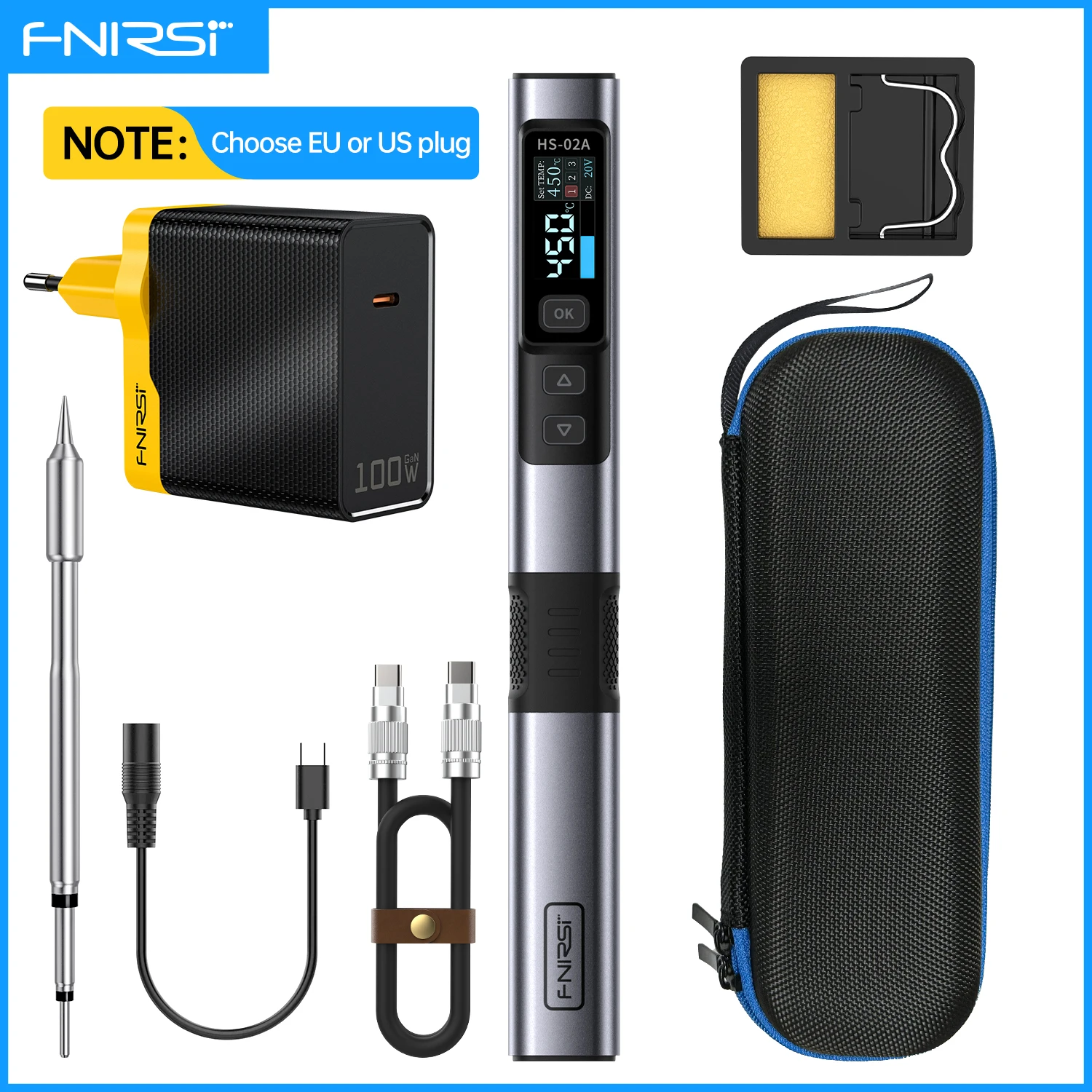 Fnirsi Hs-02 Temperaturregelbarer Lötkolben, 20 V Dc, 100–450 °c, Pd, Löt- Und Reparaturtisch, 100 W, Tragbares Reparaturwerkzeug, Continental, Hs-02a-b-100w