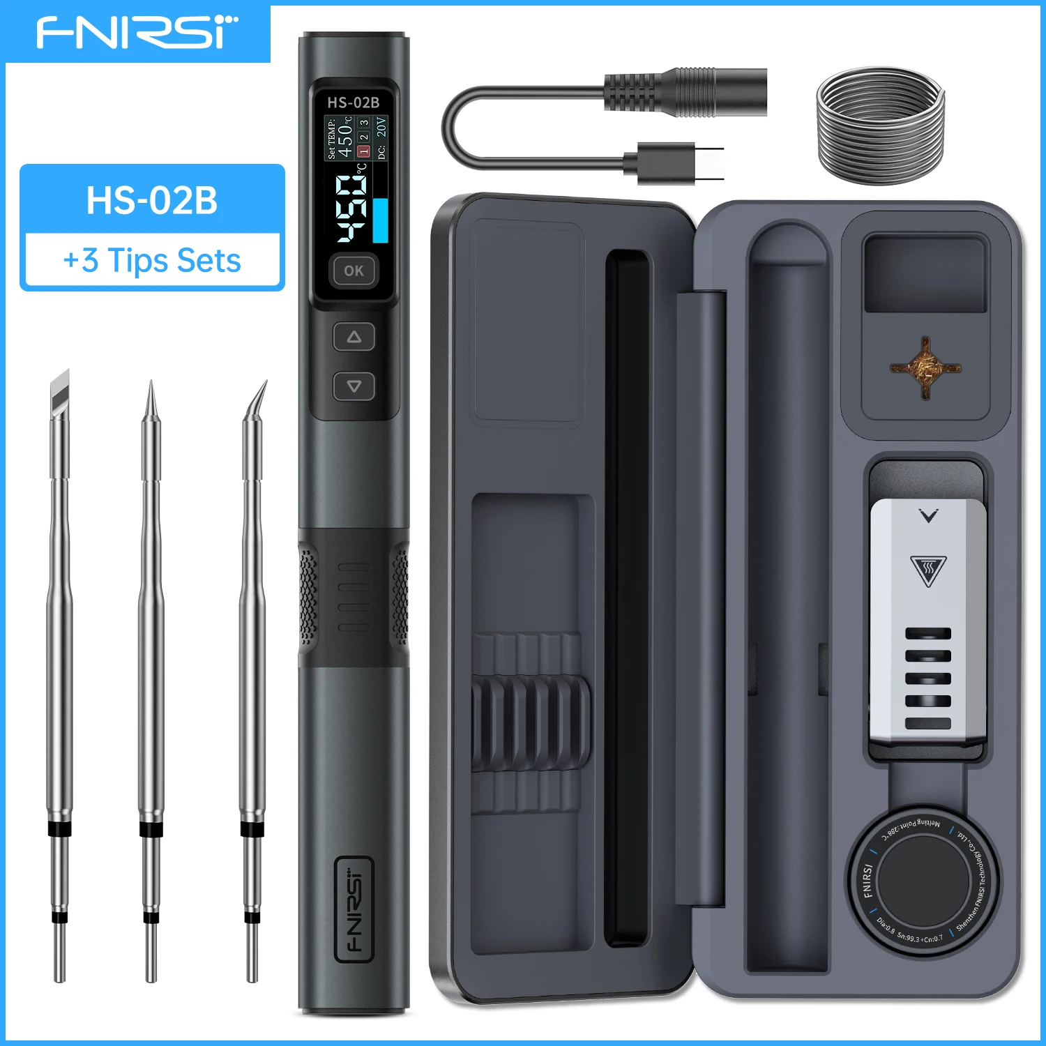 Fnirsi Hs-02 Lötkolben Mit Einstellbarer Temperatur, 20 V Dc, 100–450 °c, Pd-löttisch, 100 W, Tragbares Reparaturwerkzeug, Hergestellt In (hs-02b-3), Inklusive Lötspitzenbox