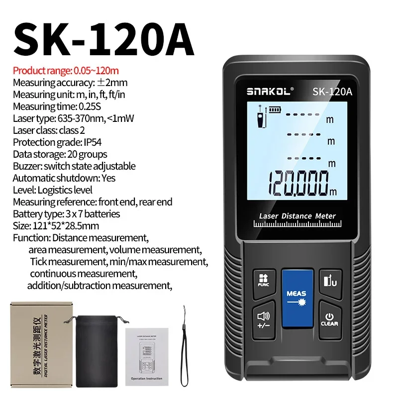 Snakol 3-in-1 Laser-entfernungsmesser Mit Maßband: 40/50/70/100/120 Meter, Sk-120a 120-meter-digital-tragbares Elektronisches Messgerät