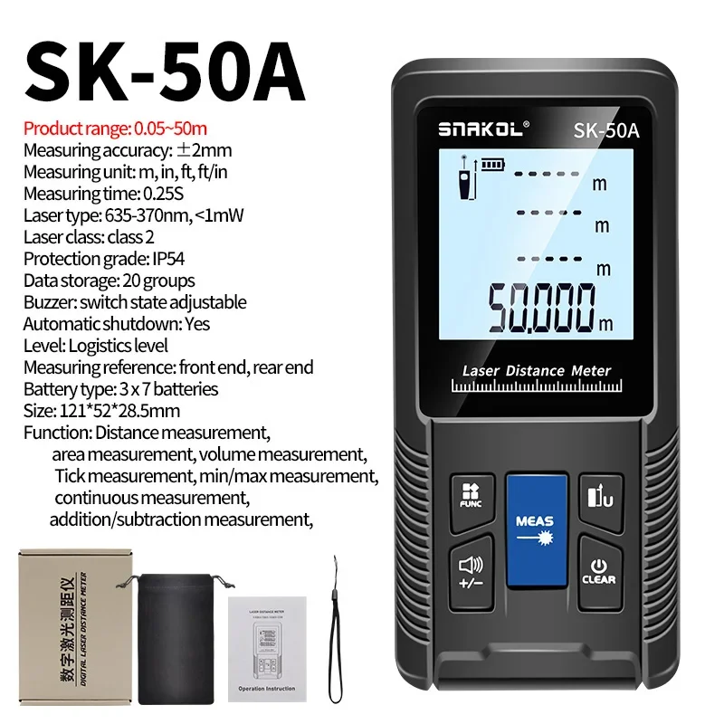 Snakol 3-in-1 Laser-entfernungsmesser Mit Maßband: 40/50/70/100/120 Meter, Sk-50a 50-meter Tragbares Digitales Elektronisches Messgerät
