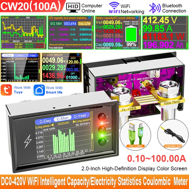 Tuya Cw20 Dc0-420v Wifi Smart Digital Lithium Battery Capacity Tester With Dc Voltage, Current And Power Display (coulomb Meter)