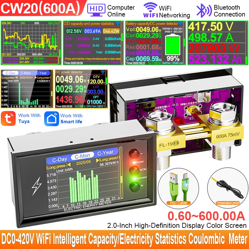 Tuya Cw20 Dc0-420v Wlan-fähiger Digitaler Lithium-batterie-kapazitätstester Mit Anzeige Von Gleichspannung, Stromstärke Und Leistung (coulometer) Cw20 Dc420v 600a