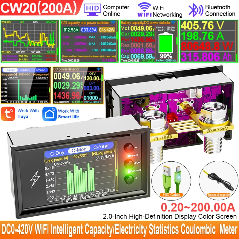 Tuya Cw20 Dc0-420v Intelligenter Digitaler Lithium-batterie-kapazitätstester Mit Anzeige Von Gleichspannung, Stromstärke Und Leistung (coulomb-meter) Cw20 Dc420v 200a