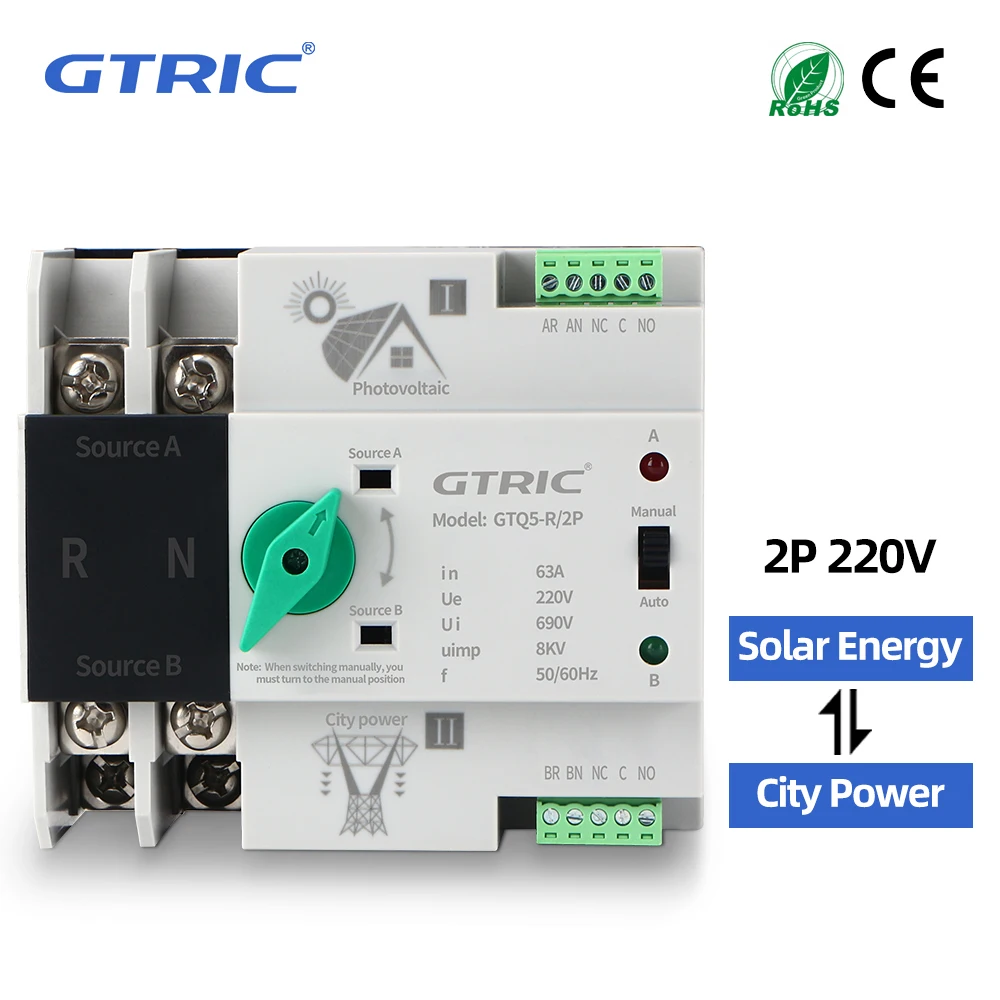 Gtric – Automatischer Umschalter Mit Zwei Stromversorgungen, Photovoltaik-ats Auf Din-schiene 2p, 230 V Ac Wechselrichter, Unterbrechungsfreier Wahlschalter 63 A 100 A 125 A (continental 100 A)
