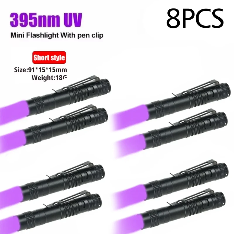 Uv-taschenlampe (395 Nm) Mit Stiftclip, Batteriebetrieben (aaa), Violettes Licht, Nachweis Von Tier- Und Skorpionurin, Uvshort-8pcs
